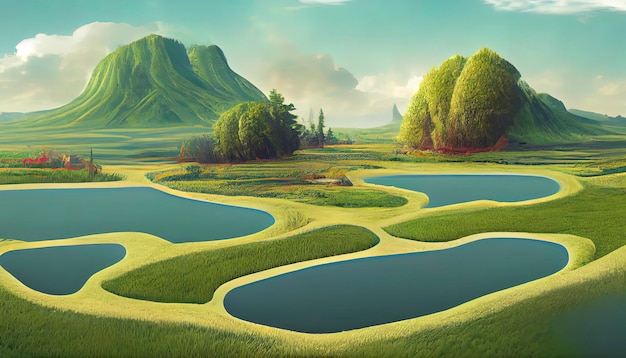 여행 및 휴가 배경 3d 삽화는 땅을 자르고 잔디 풍경은 연못의 컷으로 생성 Ai