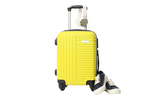 白い背景で隔離のスーツケースと旅行や休暇の構成