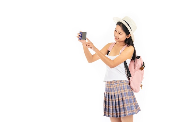 Photo travel vacation concept girl on white background