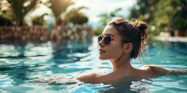 Foto ritratto di una bella donna in piscina sullo sfondo con spazio per la copia