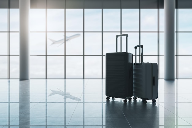 Travel and vacation concept with hand luggage suitcase and big one on glossy empty airport building floor and plane taking off outside waiting area window 3D rendering