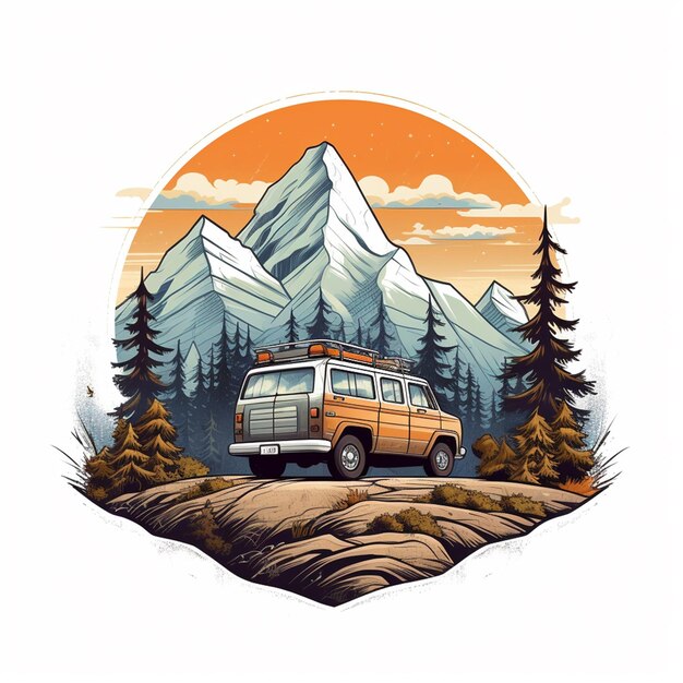 Travel van in front of a forest handdrawn illustration travel van handdrawn