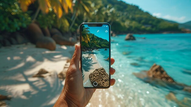 Travel vlogger talking to the camera phone holding AI generate illustration