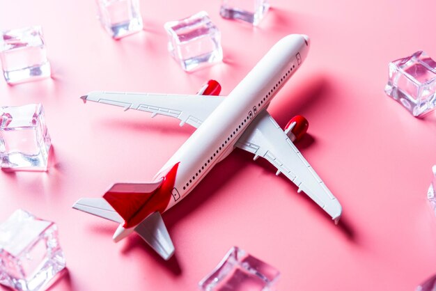 Travel warm summer concept Model of airplane on pink background with passport