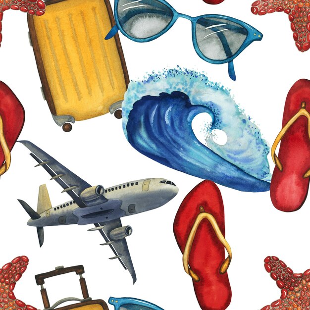 Photo travel watercolor seamless pattern with airplane suitcase flipflops sunglasses wave sea star