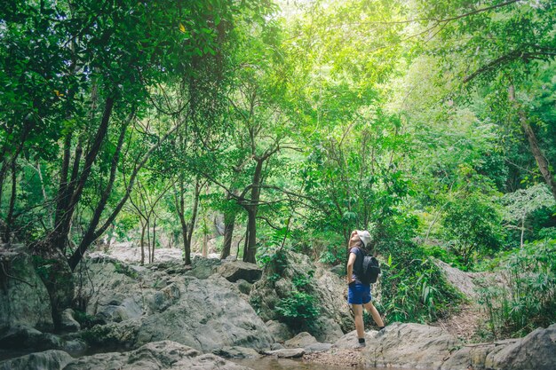 Travel woman climbing on rock, the way to waterfall in natural park