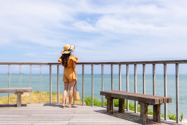 Travel woman look at the sea in Kinmen of Taiwan