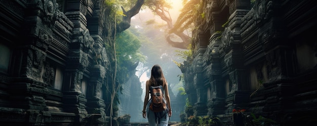 Travel woman with backpack in Bali Indonesia Nature landscape Generative ai