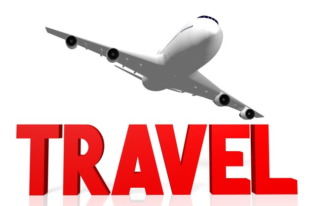 Travel word and flying jet plane 3D illustration