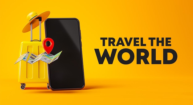 travel the world campaign poster banner design yellow luggage, phone and hat 3d rendering