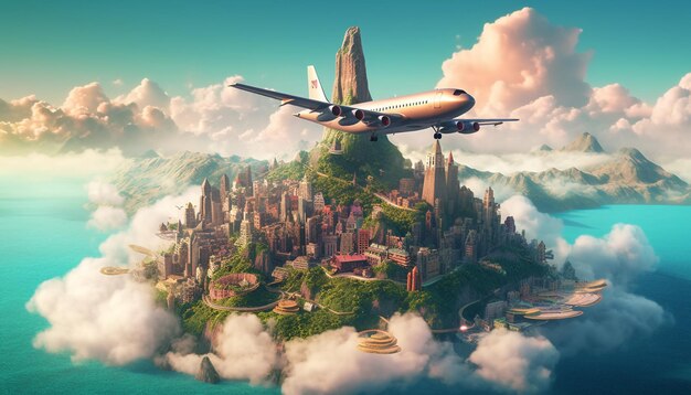 Travel the world concept World in a lake split views of sea island city airplane