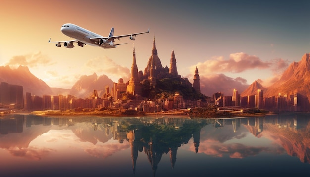 Travel the world concept World in a lake split views of sea island city airplane