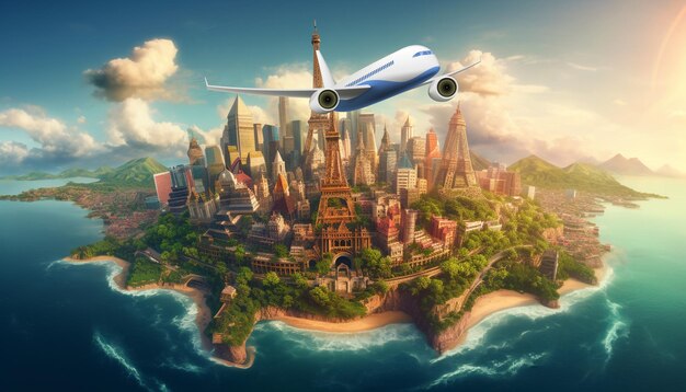 Travel the world concept World in a lake split views of sea island city airplane