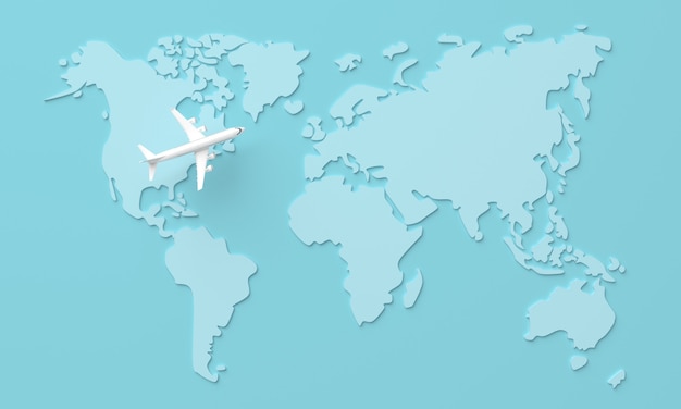 Travel World map background with plane, top view. 3d rendering