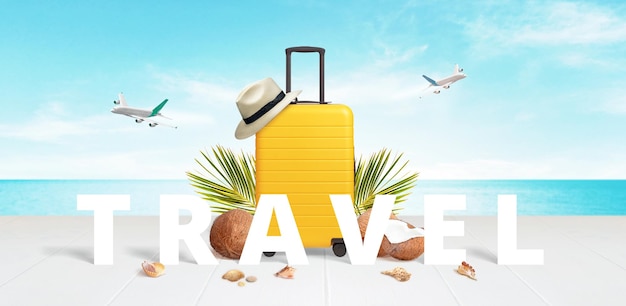 Travel yellow suitcase on the beach surrounded by travel text coconuts hat palm leaves and shells Planes in the sky Travel concept