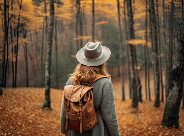 Travel young woman wearing brown hat plaid shirt jeans and brown boots with backpack looking on wonderful canyon with moss on rocks after hiking Created with Generative AI technology