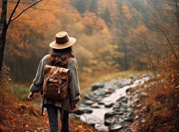 Travel young woman wearing brown hat plaid shirt jeans and brown boots with backpack looking on wonderful canyon with moss on rocks after hiking Created with Generative AI technology