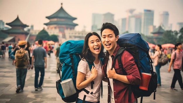 旅するアジアのバックパッカーカップルが北京で幸せに旅行している