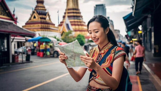 Photo traveler asian woman direction on location map in bangkok thailand