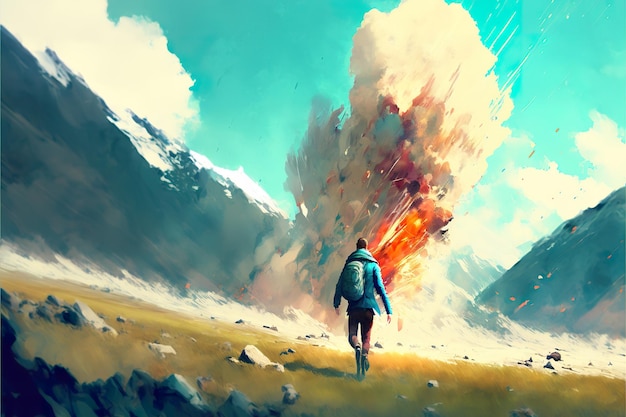 A traveler climbs the mountains near the explosion