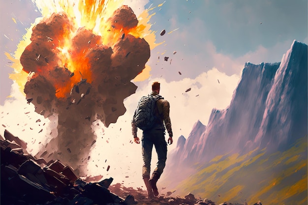 A traveler climbs the mountains near the explosion