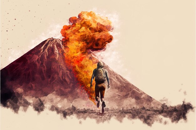 Путешественник поднимается в горы возле взрыва