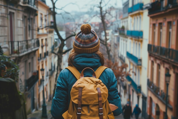 A traveler in a colorful striped beanie and teal jacket carrying a yellow backpack gazes down a char