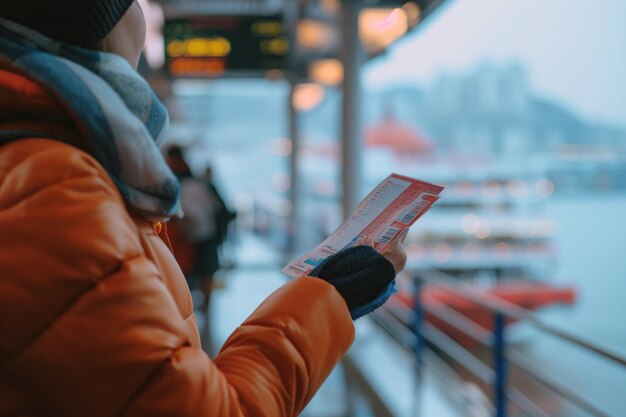 写真 渡輪 の 切符 を 手 に 持っ て 旅 を 考え て いる 旅行 者