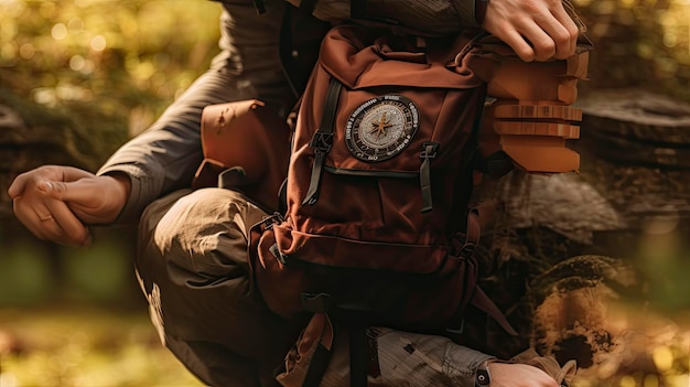 of Traveler examining a compass with a backp travel visa