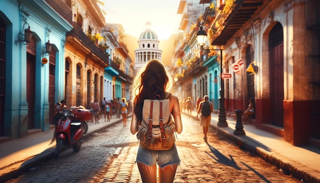 a traveler girl in the street of an old town in Cuba