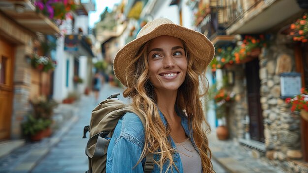 Foto viaggiatore ragazza bionda felice in strada della città vecchia in viaggio di vacanza vista anteriore