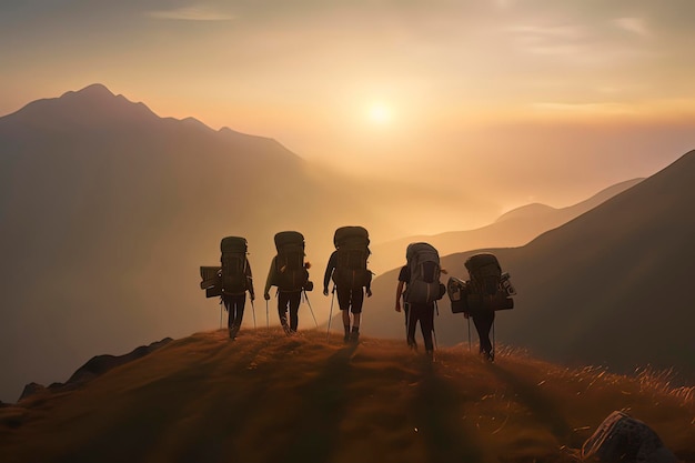 Traveler hiking with backpacks AI technology generated image