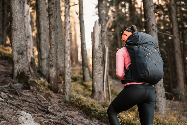 Traveler hiking with backpacks Hiking in mountains Sunny landscape Tourist traveler on background view mockup High tatras slovakia