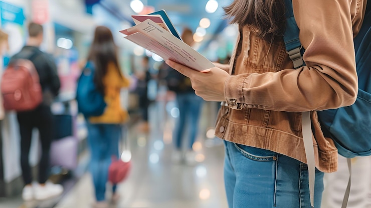 Photo a traveler holding their passport and boarding pass while standing in line at the immigration counte
