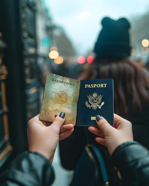 Путешественник с двумя паспортами с акцентом на документах размытый город фон концепция международных путешествий