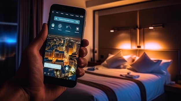 A traveler including his smart device in a hotel room