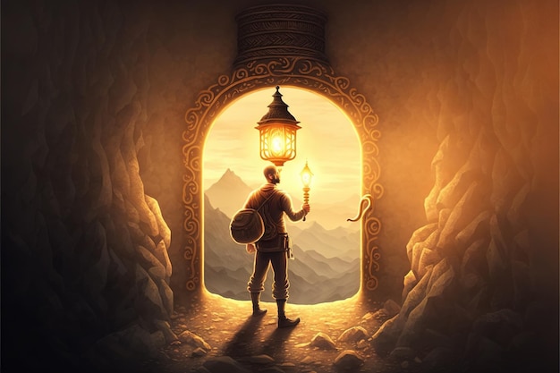 The traveler is standing near a mysterious passage in the wall The adventure man with a torch standing and looking at a large keyhole on the brass wall Digital art style illustration painting
