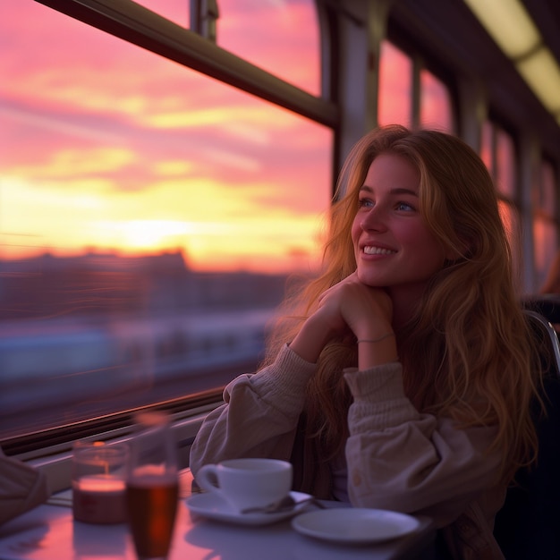 Photo traveler on a journey with train young woman feeling relaxed traveling