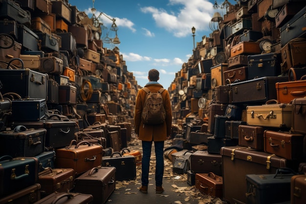 Traveler looking lost in a sea of suitcases Generative AI