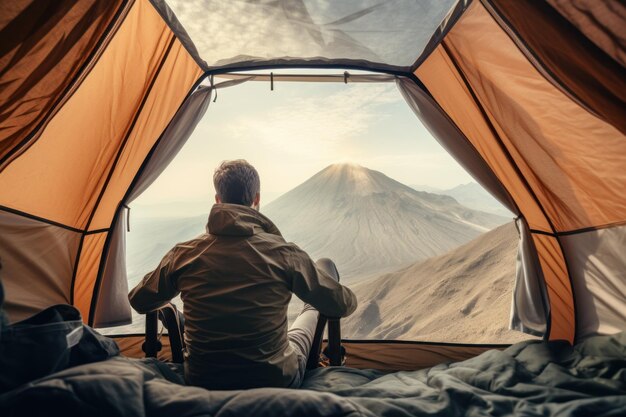 Traveler man relaxing and taking the view of active volcano inside a tent in the morning