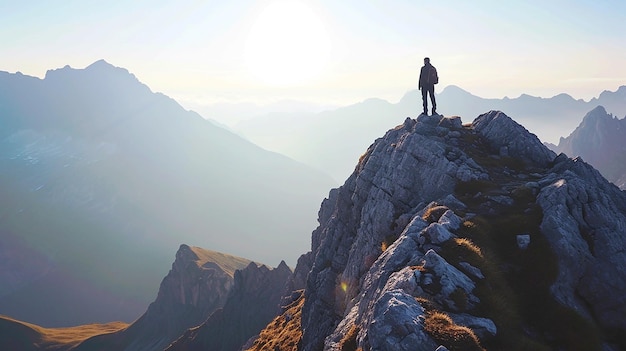 Photo traveler man on the top cliff of mountain with clouds in background