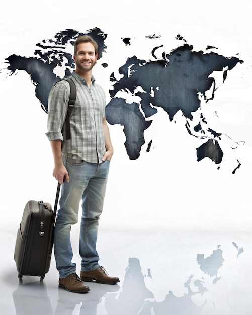 Photo traveler man with a suitcase behind a world map on a white background