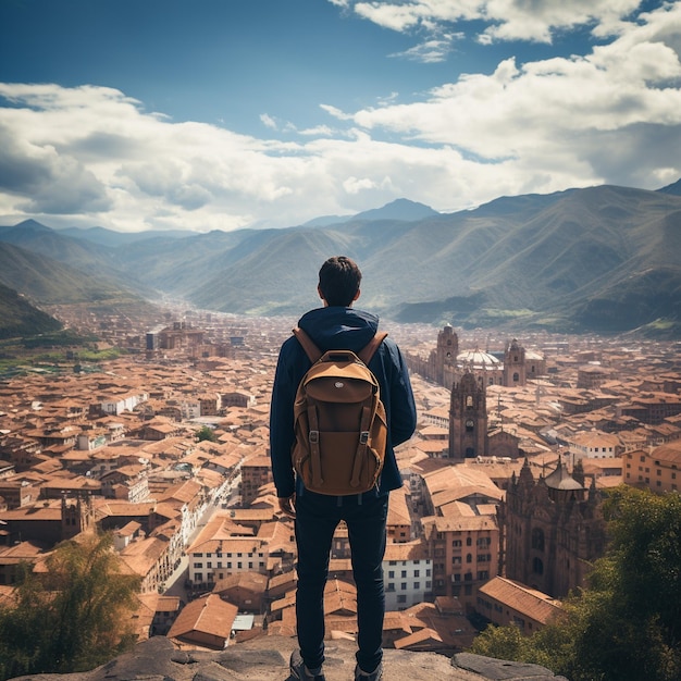 페루 의 쿠스코 를 내려다보는 산꼭대기 에 있는 여행자