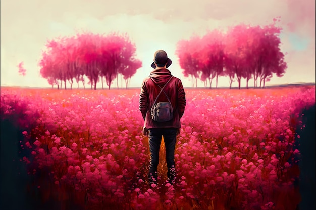 Traveler in pink flowers field digital art