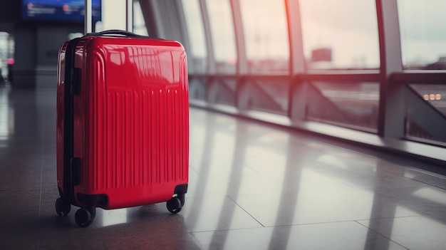 Traveler red suitcase at the airport before departure world tourism day concept Generative AI