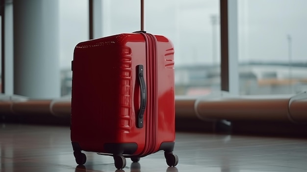 Traveler red suitcase at the airport before departure world tourism day concept Generative AI