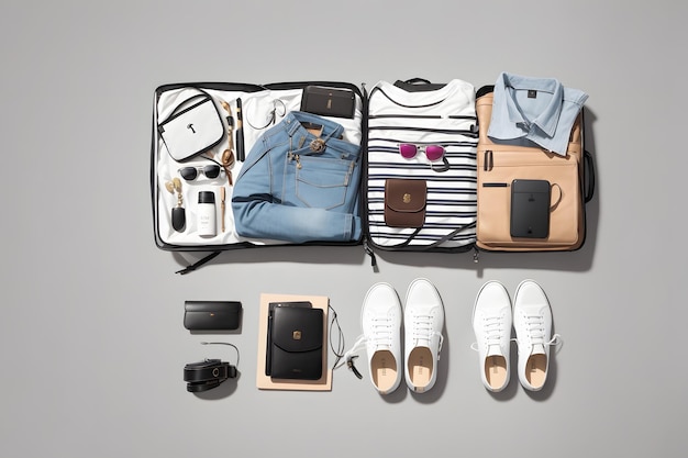 Traveler's accessories and clothes knolling style