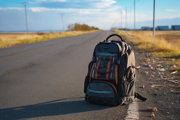 Traveler's backpack hits the asphalt road marking the start of their adventure