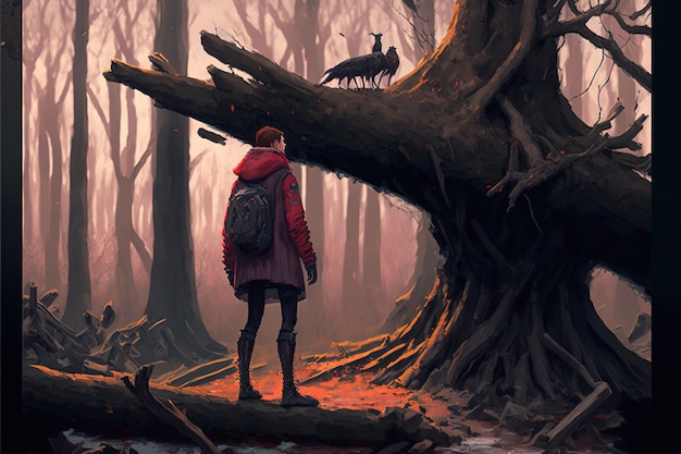 Traveler standing on a fallen tree in the forest digital art style illustration painting fantasy illustration of a traveler in the forest