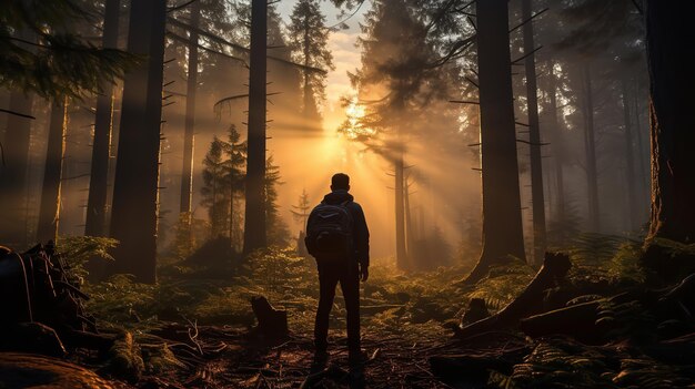 A traveler standing and taking in the enigmatic woodland with the sun filtering through the branches generative ai